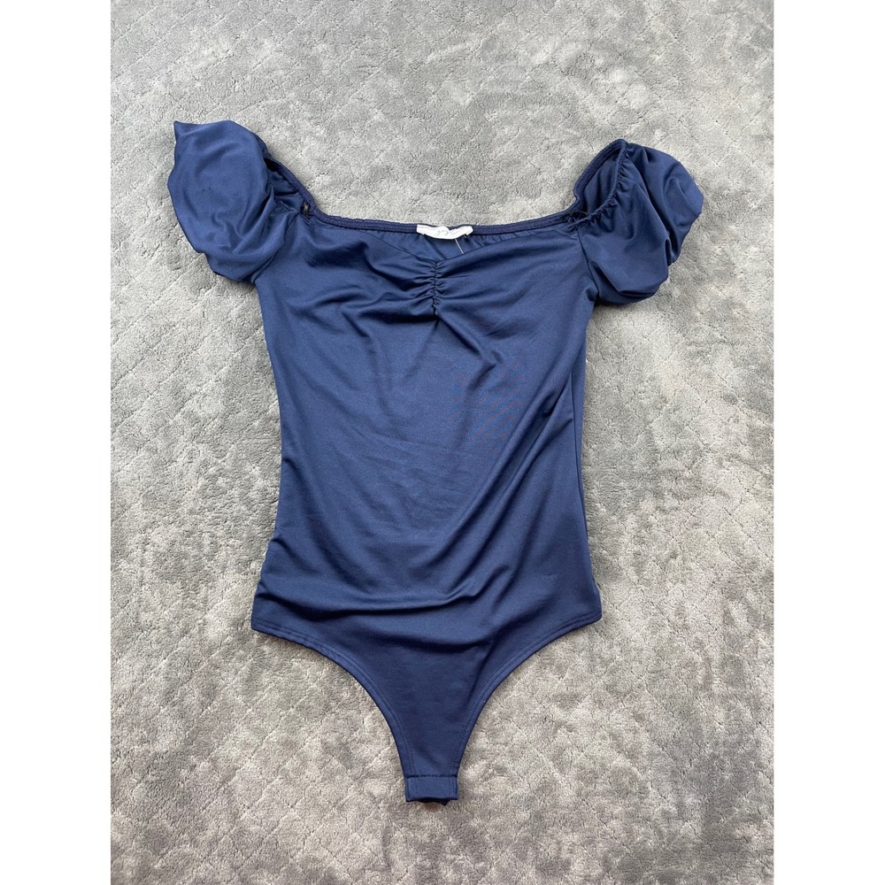 Gazell Off Shoulder Puff Sleeve Ruched Bodysuit Navy Blue Size S‎